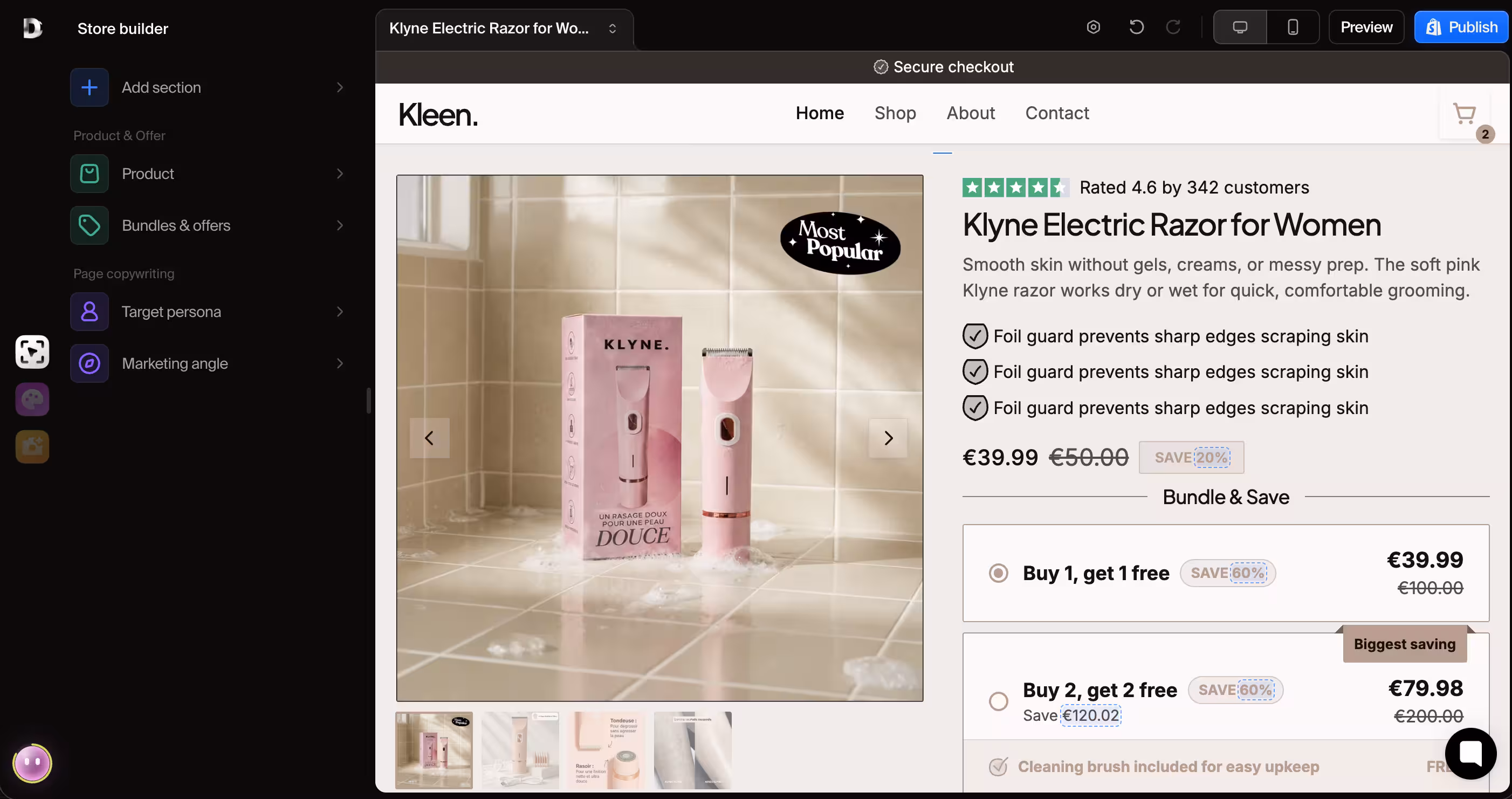 Dropmagic builder editing a Shopify product page